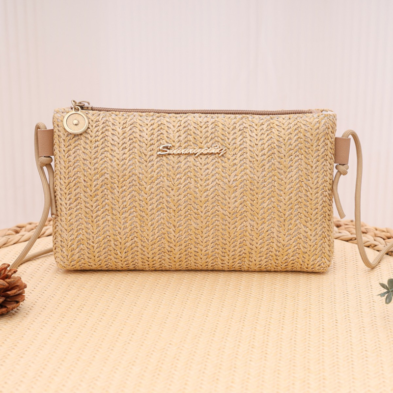 Ψάθινη μικρή τετράγωνη τσάντα με φερμουάρ, θήκη για κινητό, Καλοκαίρι 2025
