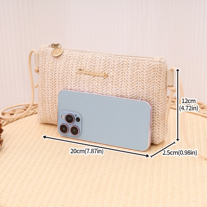 Ψάθινη μικρή τετράγωνη τσάντα με φερμουάρ, θήκη για κινητό, Καλοκαίρι 2025
