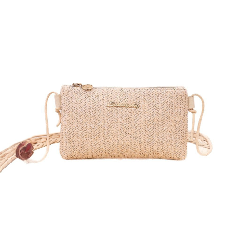 Ψάθινη μικρή τετράγωνη τσάντα με φερμουάρ, θήκη για κινητό, Καλοκαίρι 2025