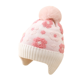 Zimska dječja pletena kapa s cvjetnim uzorkom, zaštita za uši, podstavljena fleeceom, pom-pom