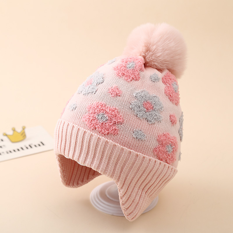 Zimska dječja pletena kapa s cvjetnim uzorkom, zaštita za uši, podstavljena fleeceom, pom-pom
