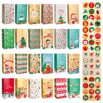 Kraft popieriaus dovanų maišeliai Advento kalendoriui – 24 vnt., su spauda, stačiakampio formos, šventinėms dovanoms, su kalendoriaus lipdukais
