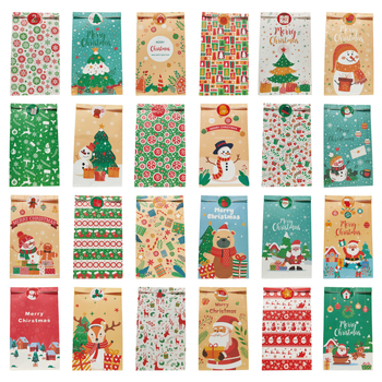 Kraft popieriaus dovanų maišeliai Advento kalendoriui – 24 vnt., su spauda, stačiakampio formos, šventinėms dovanoms, su kalendoriaus lipdukais