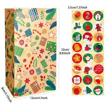 Kraft popieriaus dovanų maišeliai Advento kalendoriui – 24 vnt., su spauda, stačiakampio formos, šventinėms dovanoms, su kalendoriaus lipdukais