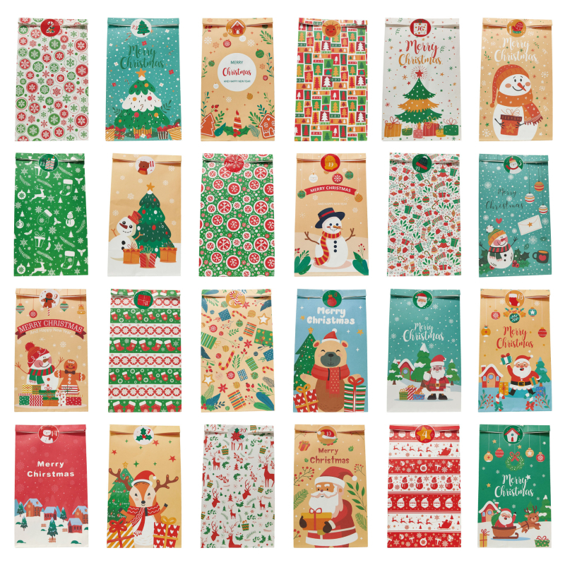 Kraft popieriaus dovanų maišeliai Advento kalendoriui – 24 vnt., su spauda, stačiakampio formos, šventinėms dovanoms, su kalendoriaus lipdukais
