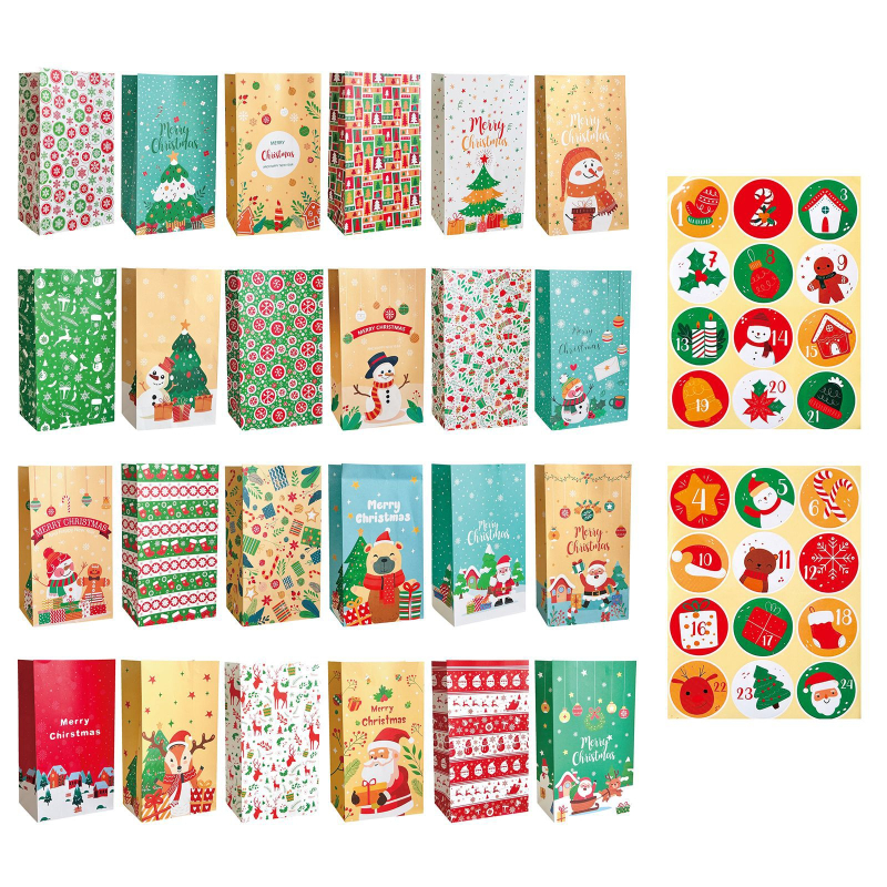 Kraft popieriaus dovanų maišeliai Advento kalendoriui – 24 vnt., su spauda, stačiakampio formos, šventinėms dovanoms, su kalendoriaus lipdukais