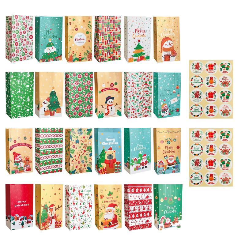 Kraft popieriaus dovanų maišeliai Advento kalendoriui – 24 vnt., su spauda, stačiakampio formos, šventinėms dovanoms, su kalendoriaus lipdukais