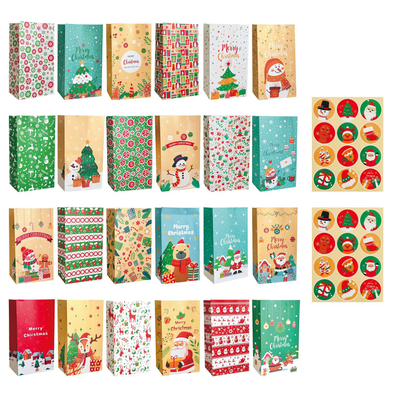 Kraft popieriaus dovanų maišeliai Advento kalendoriui – 24 vnt., su spauda, stačiakampio formos, šventinėms dovanoms, su kalendoriaus lipdukais