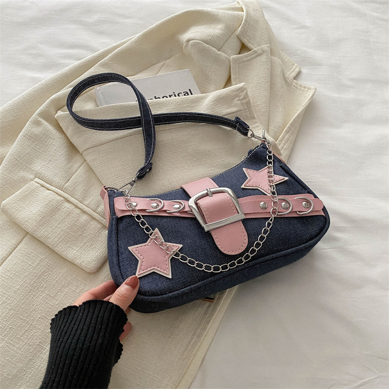 Ženska denim torba preko ramena, mala kvadratna torba, sa zatvaračem, horizontalnog oblika