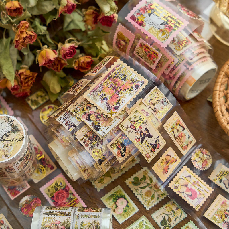 Washi lente ar karsto folijas iespiešanu, retro ziedu ilustrācija dienasgrāmatai un DIY kolāžai, pārklāts papīrs, noslēgšanas etiķete