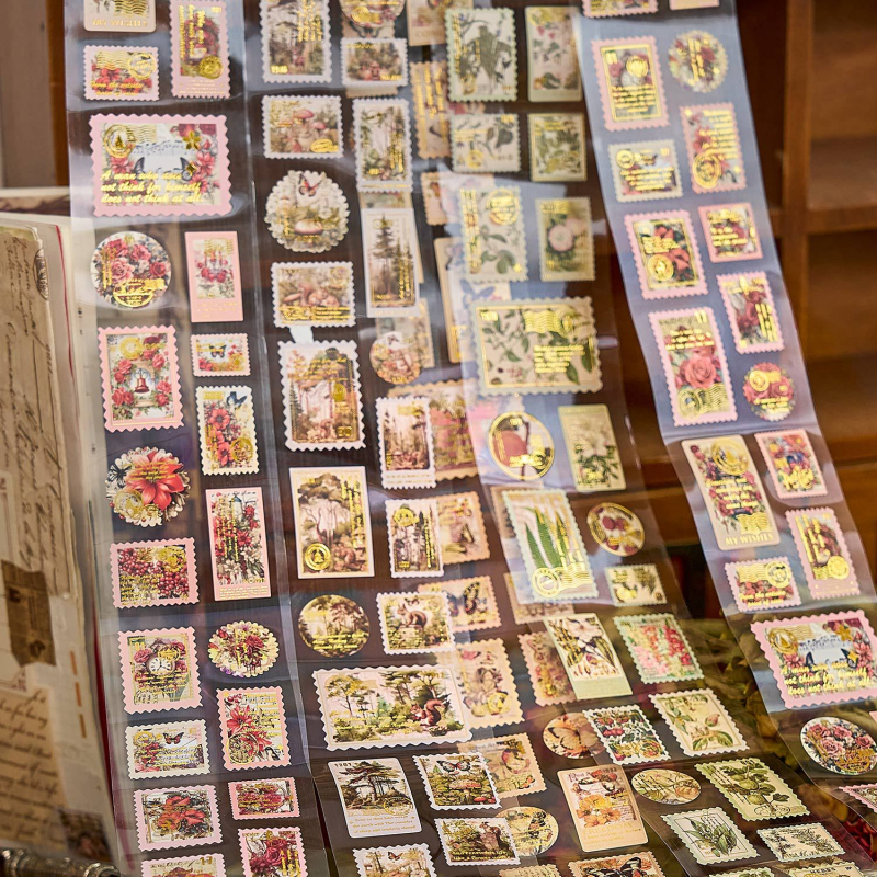 Washi lente ar karsto folijas iespiešanu, retro ziedu ilustrācija dienasgrāmatai un DIY kolāžai, pārklāts papīrs, noslēgšanas etiķete