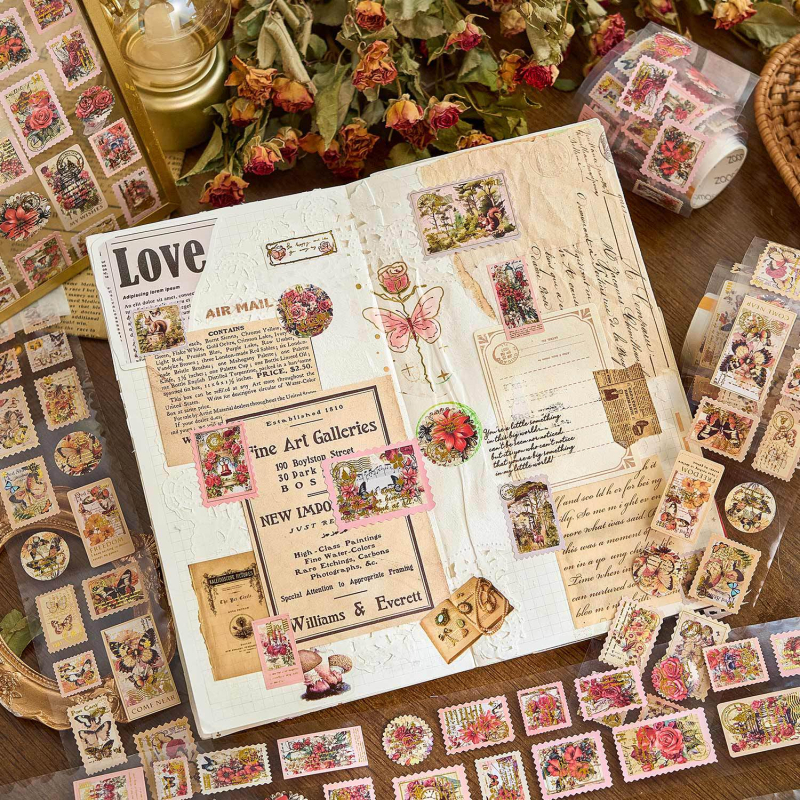 Washi lente ar karsto folijas iespiešanu, retro ziedu ilustrācija dienasgrāmatai un DIY kolāžai, pārklāts papīrs, noslēgšanas etiķete