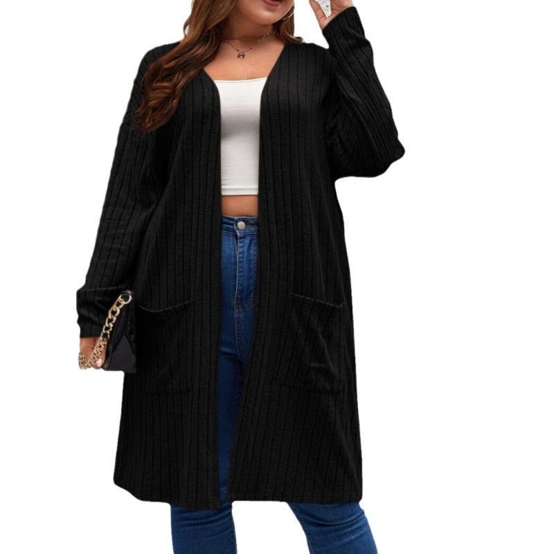Palton cardigan lung pentru femei, amestec poliester-elastan, lungime medie, croială lejeră
