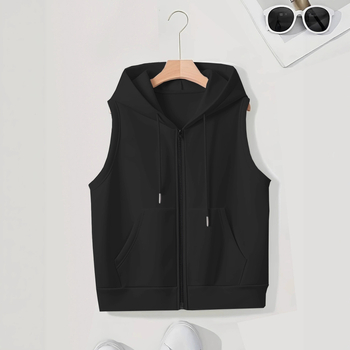 Női kapucnis ujjatlan kardigán cipzárral, poliészter, hétköznapi stílus