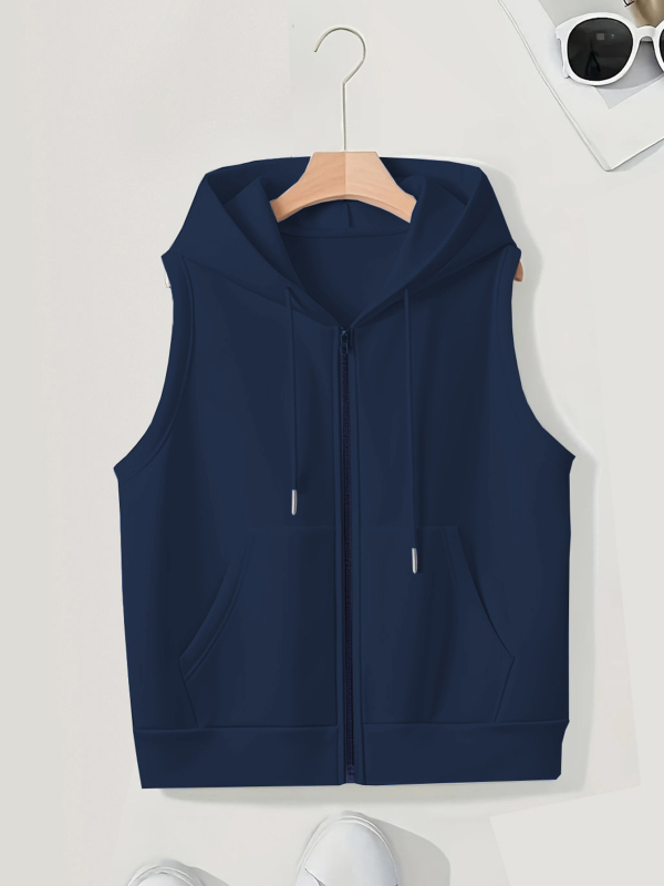 Női kapucnis ujjatlan kardigán cipzárral, poliészter, hétköznapi stílus