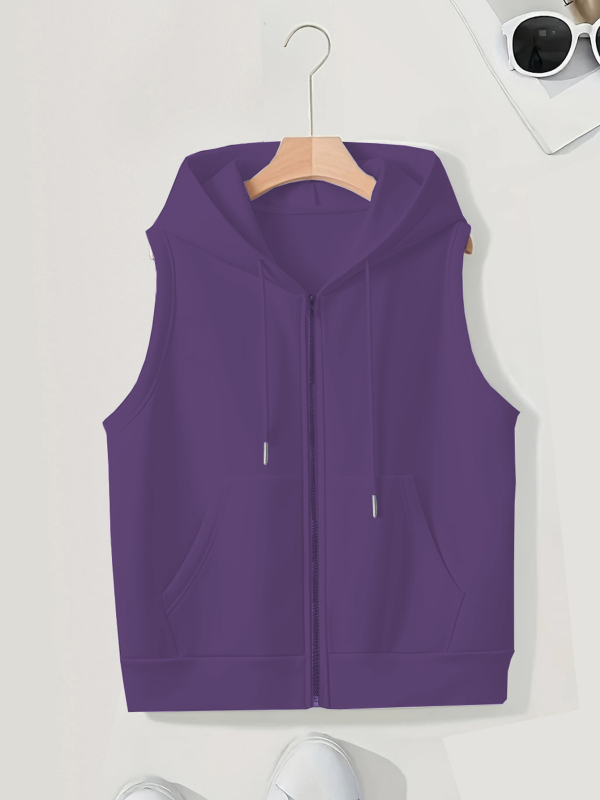 Női kapucnis ujjatlan kardigán cipzárral, poliészter, hétköznapi stílus