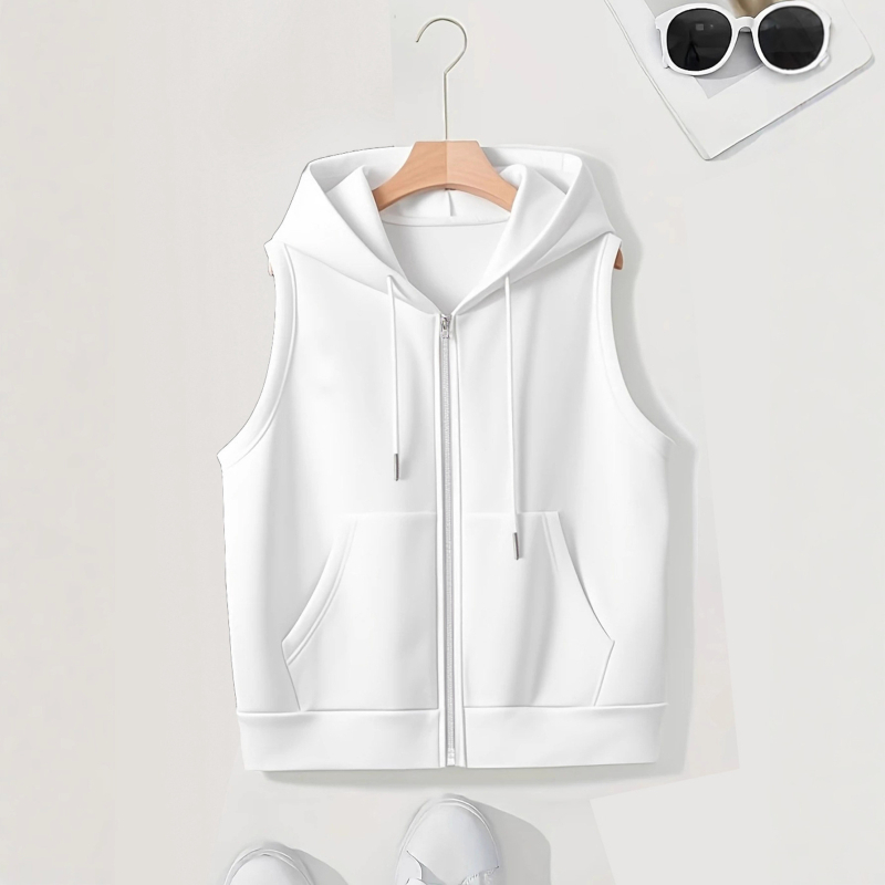 Női kapucnis ujjatlan kardigán cipzárral, poliészter, hétköznapi stílus