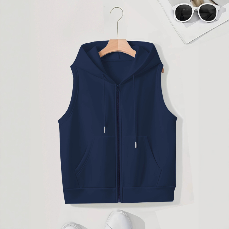 Női kapucnis ujjatlan kardigán cipzárral, poliészter, hétköznapi stílus