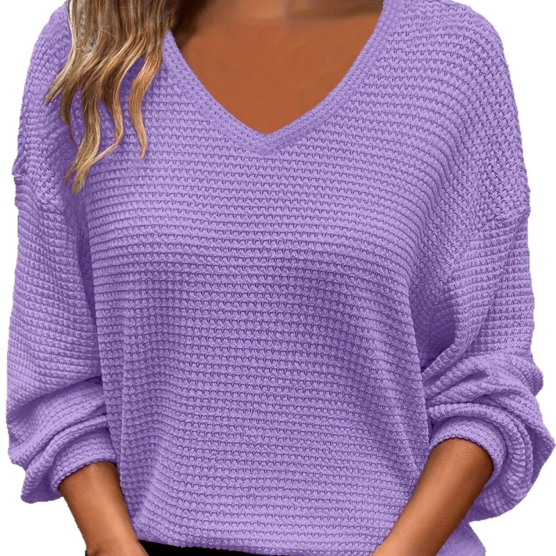 Tricou-pulover damă cu decolteu în V, din material waffle, Iarna 2024