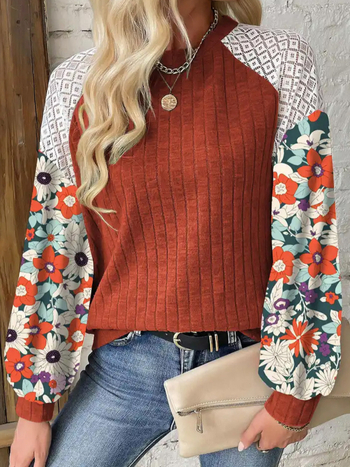 Virágmintás hosszú ujjú póló, poliészter, kerek nyak, pulóver-stílus, mindennapi viselet