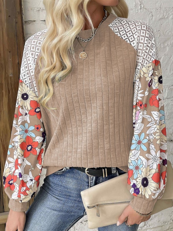 Virágmintás hosszú ujjú póló, poliészter, kerek nyak, pulóver-stílus, mindennapi viselet