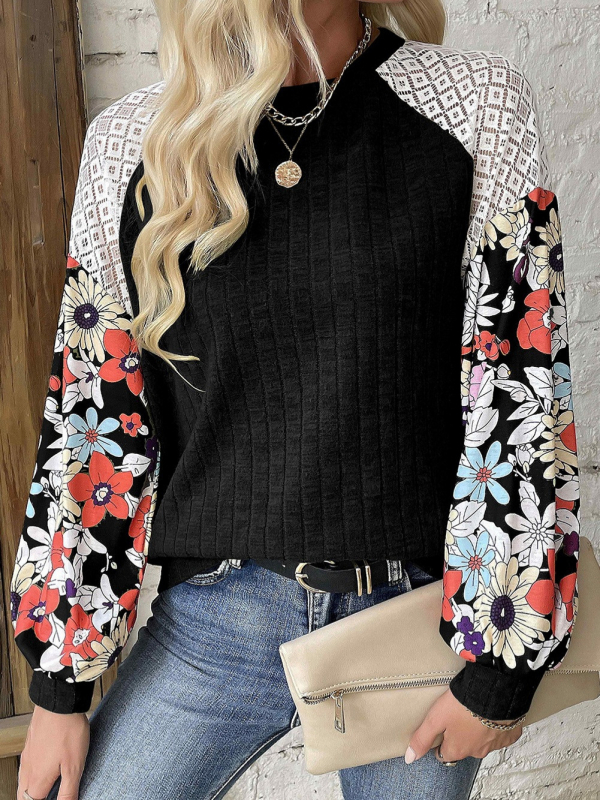 Virágmintás hosszú ujjú póló, poliészter, kerek nyak, pulóver-stílus, mindennapi viselet