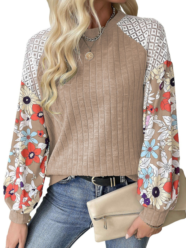 Virágmintás hosszú ujjú póló, poliészter, kerek nyak, pulóver-stílus, mindennapi viselet