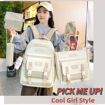 Комплект от пет ученически чанти, корейски стил, унисекс, голям капацитет за лаптоп, Oxford плат