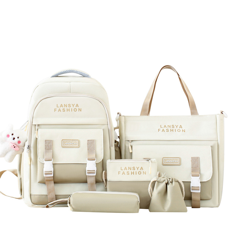 Комплект от пет ученически чанти, корейски стил, унисекс, голям капацитет за лаптоп, Oxford плат