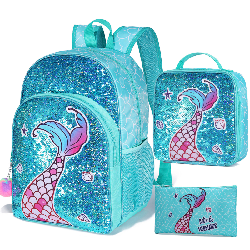 Τριών μερών σετ σχολικής τσάντας για παιδιά: Θέμα Μονόκερος, Γοργόνα και Αστροναύτης, Πολυεστέρας, Αναπνεύσιμο ύφασμα, Κυρτές ιμάντες ώμου