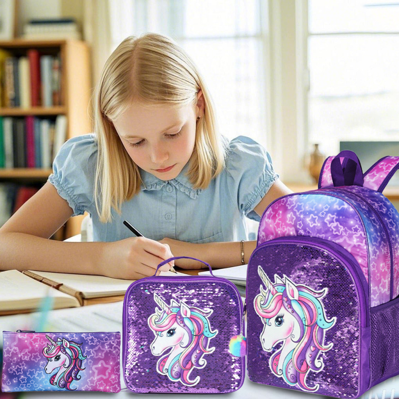 Τριών μερών σετ σχολικής τσάντας για παιδιά: Θέμα Μονόκερος, Γοργόνα και Αστροναύτης, Πολυεστέρας, Αναπνεύσιμο ύφασμα, Κυρτές ιμάντες ώμου