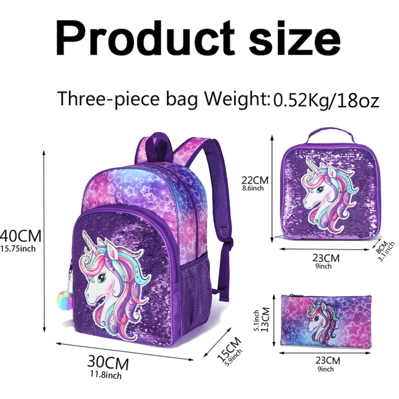 Τριών μερών σετ σχολικής τσάντας για παιδιά: Θέμα Μονόκερος, Γοργόνα και Αστροναύτης, Πολυεστέρας, Αναπνεύσιμο ύφασμα, Κυρτές ιμάντες ώμου