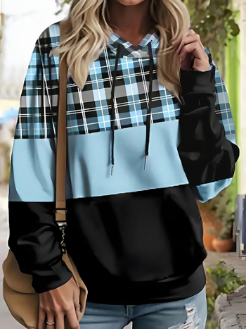 Női kapucnis pulóver, kockás színblokkal, poliészter-spandex keverék, digitális nyomtatás, V-nyak, hosszú ujjú