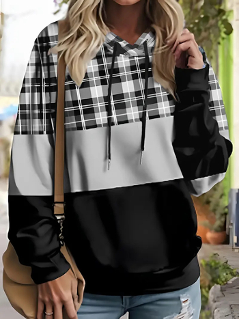Női kapucnis pulóver, kockás színblokkal, poliészter-spandex keverék, digitális nyomtatás, V-nyak, hosszú ujjú