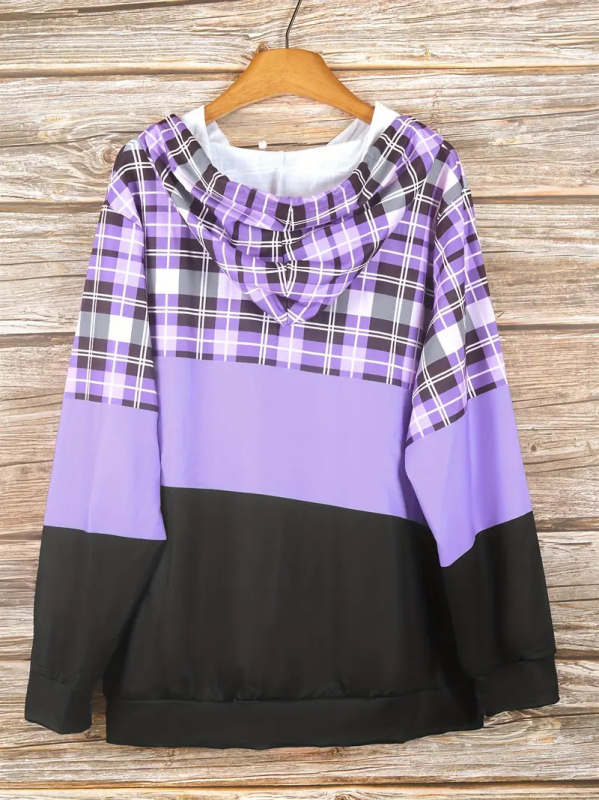 Női kapucnis pulóver, kockás színblokkal, poliészter-spandex keverék, digitális nyomtatás, V-nyak, hosszú ujjú