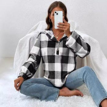 Női kapucnis kockás pulóver, lazán szabott, hosszú ujjú