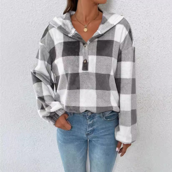 Női kapucnis kockás pulóver, lazán szabott, hosszú ujjú