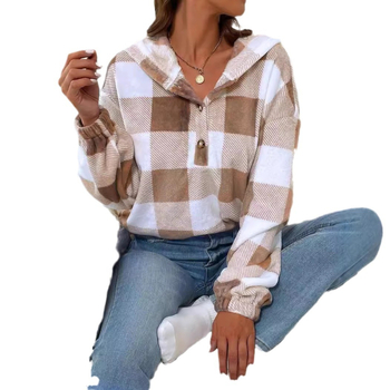 Női kapucnis kockás pulóver, lazán szabott, hosszú ujjú