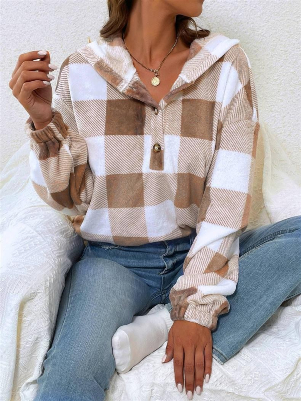 Női kapucnis kockás pulóver, lazán szabott, hosszú ujjú