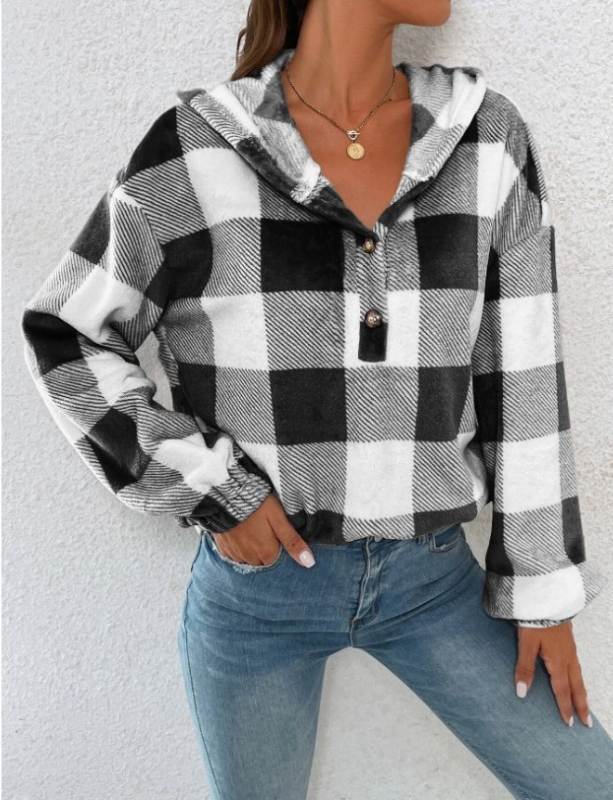 Női kapucnis kockás pulóver, lazán szabott, hosszú ujjú