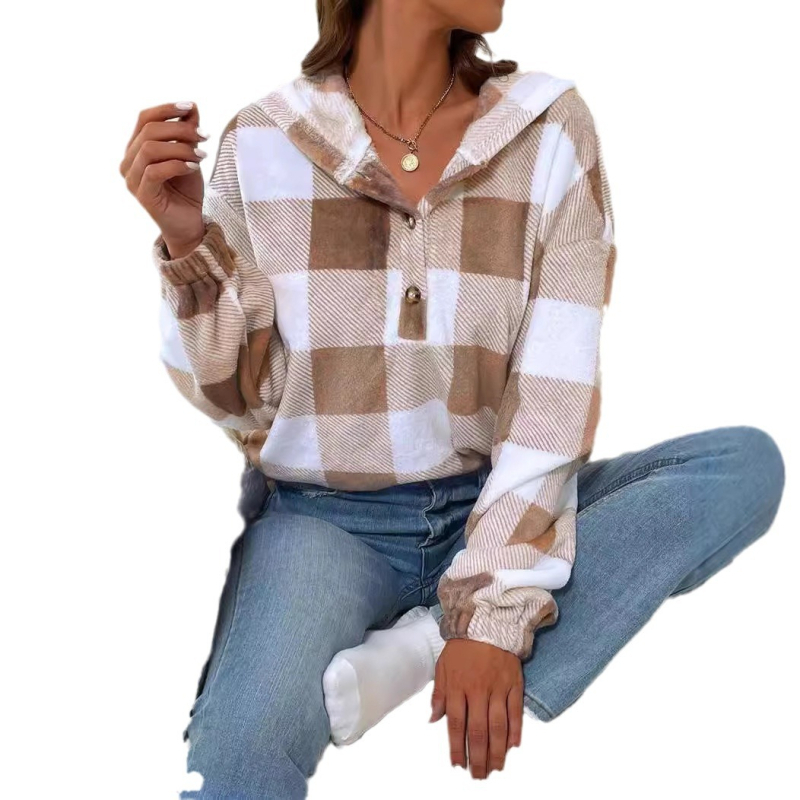 Női kapucnis kockás pulóver, lazán szabott, hosszú ujjú