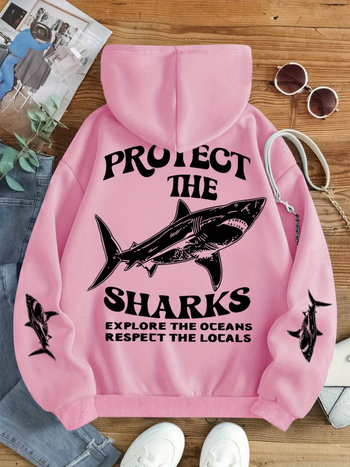 Hooded pullover s SHARKS otiskom, slobodan kroj, poliester (dugi rukav; proljeće 2025)