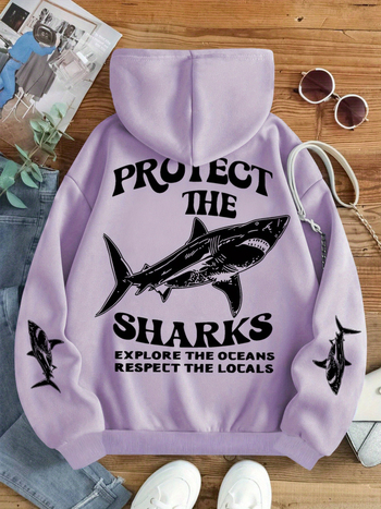 Hooded pullover s SHARKS otiskom, slobodan kroj, poliester (dugi rukav; proljeće 2025)