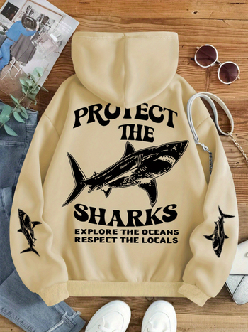 Hooded pullover s SHARKS otiskom, slobodan kroj, poliester (dugi rukav; proljeće 2025)