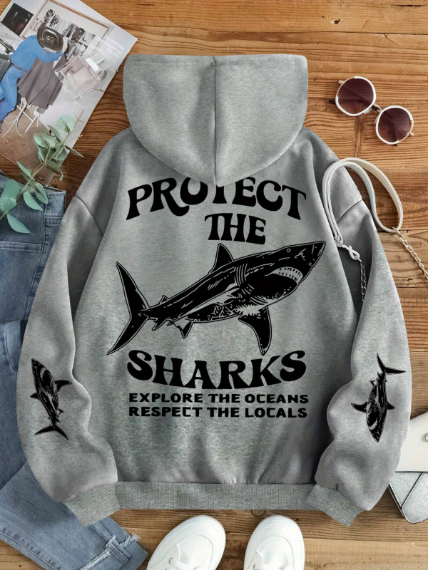 Hooded pullover s SHARKS otiskom, slobodan kroj, poliester (dugi rukav; proljeće 2025)