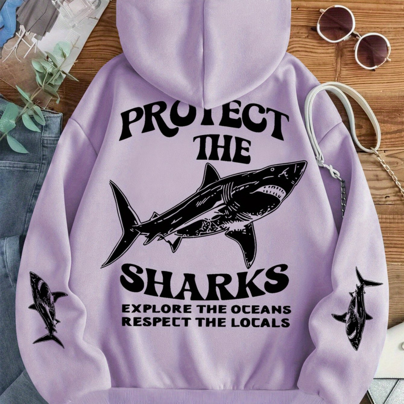 Hooded pullover s SHARKS otiskom, slobodan kroj, poliester (dugi rukav; proljeće 2025)