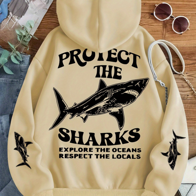 Hooded pullover s SHARKS otiskom, slobodan kroj, poliester (dugi rukav; proljeće 2025)