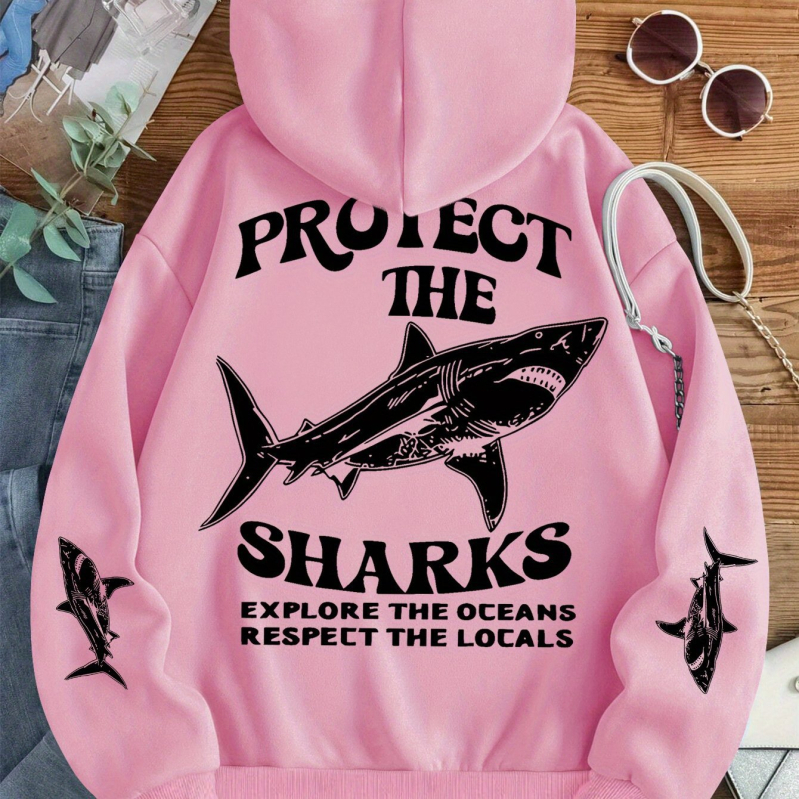 Hooded pullover s SHARKS otiskom, slobodan kroj, poliester (dugi rukav; proljeće 2025)