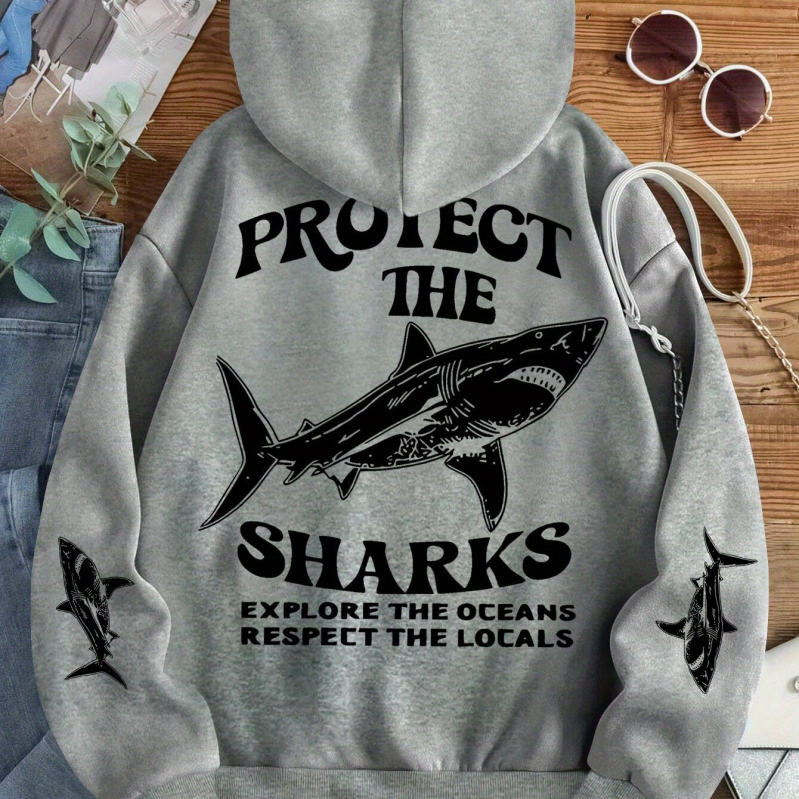 Hooded pullover s SHARKS otiskom, slobodan kroj, poliester (dugi rukav; proljeće 2025)