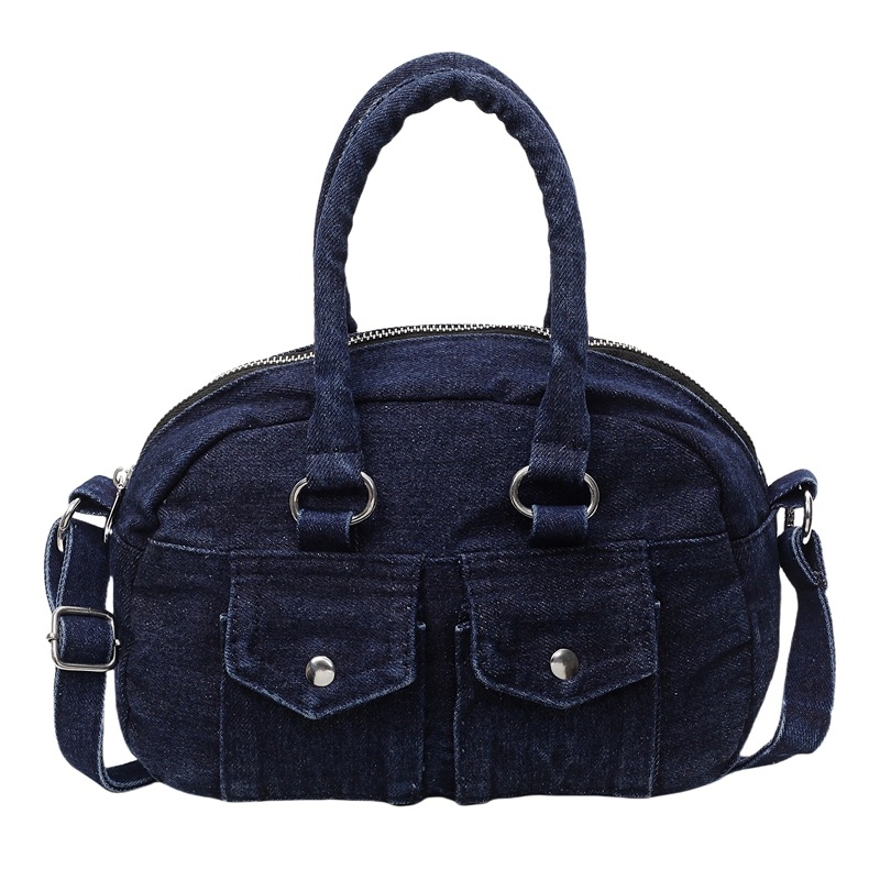 Denim ovalna crossbody torba, street style, zatvaranje na zip, džep sa zipom, poliester podstava, proljeće 2025